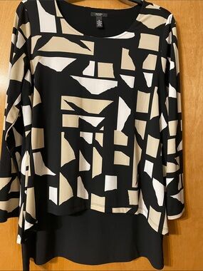 Alfani Black Cream White Abstract Geometric Layered Tunic